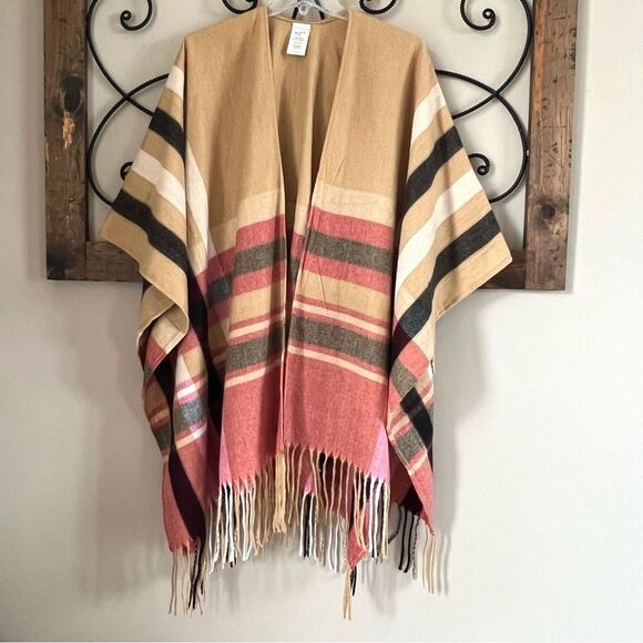 Woolrich Lagenlook Oversized Open Front Fringed Plaid Blanket Wrap Shawl Poncho - Picture 1 of 12